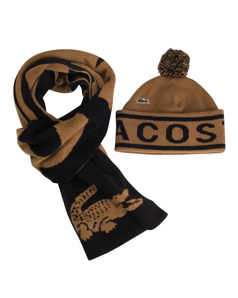 LACOSTE JACQUARD KNIT BEANIE AND SCARF GIFT SET ZESTAW