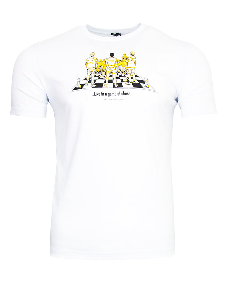 THREE STROKE PRODUCTIONS GAME OF CHESS WHITE T-SHIRT